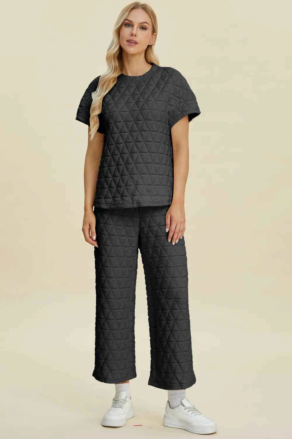 Texture Round Neck Short Sleeve Top and Pants Set - Double Take