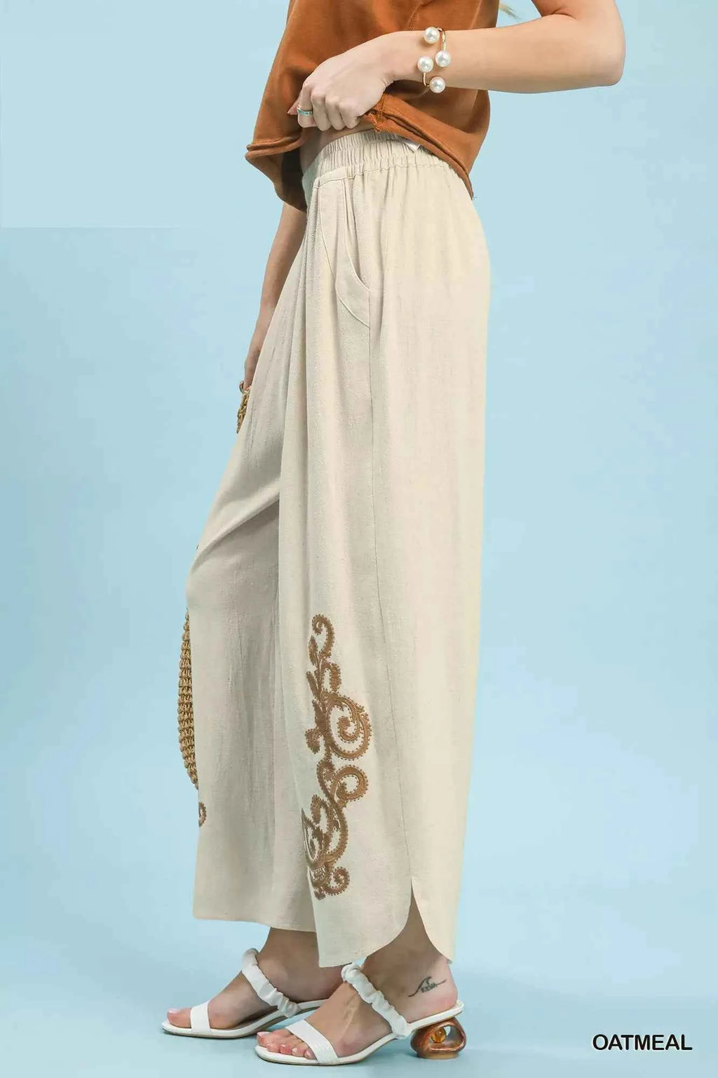 Umgee Linen Embroidered Wide-Leg Boho Pants