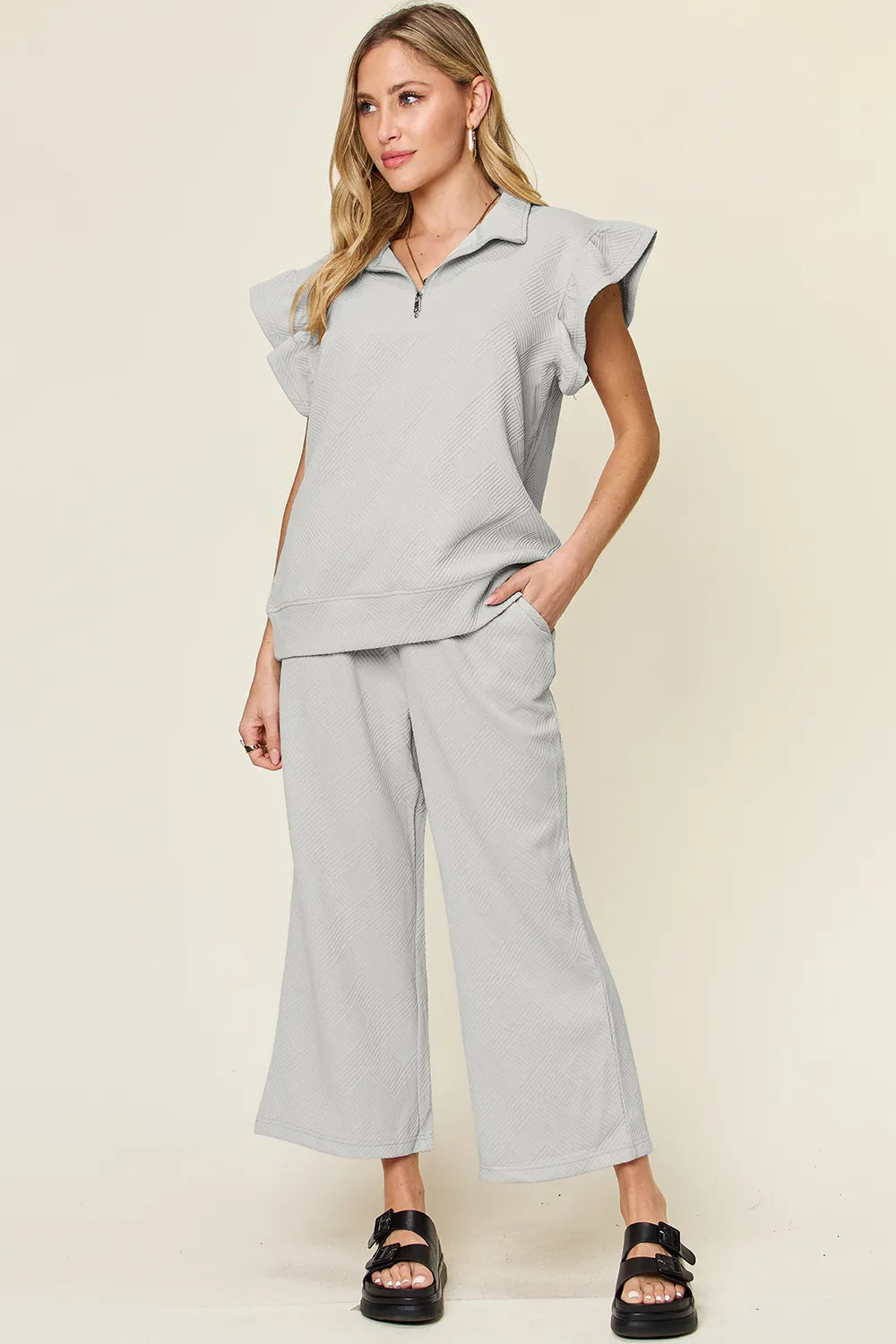 Texture Ruffle Top and Wide Leg Pants Set - Double Take