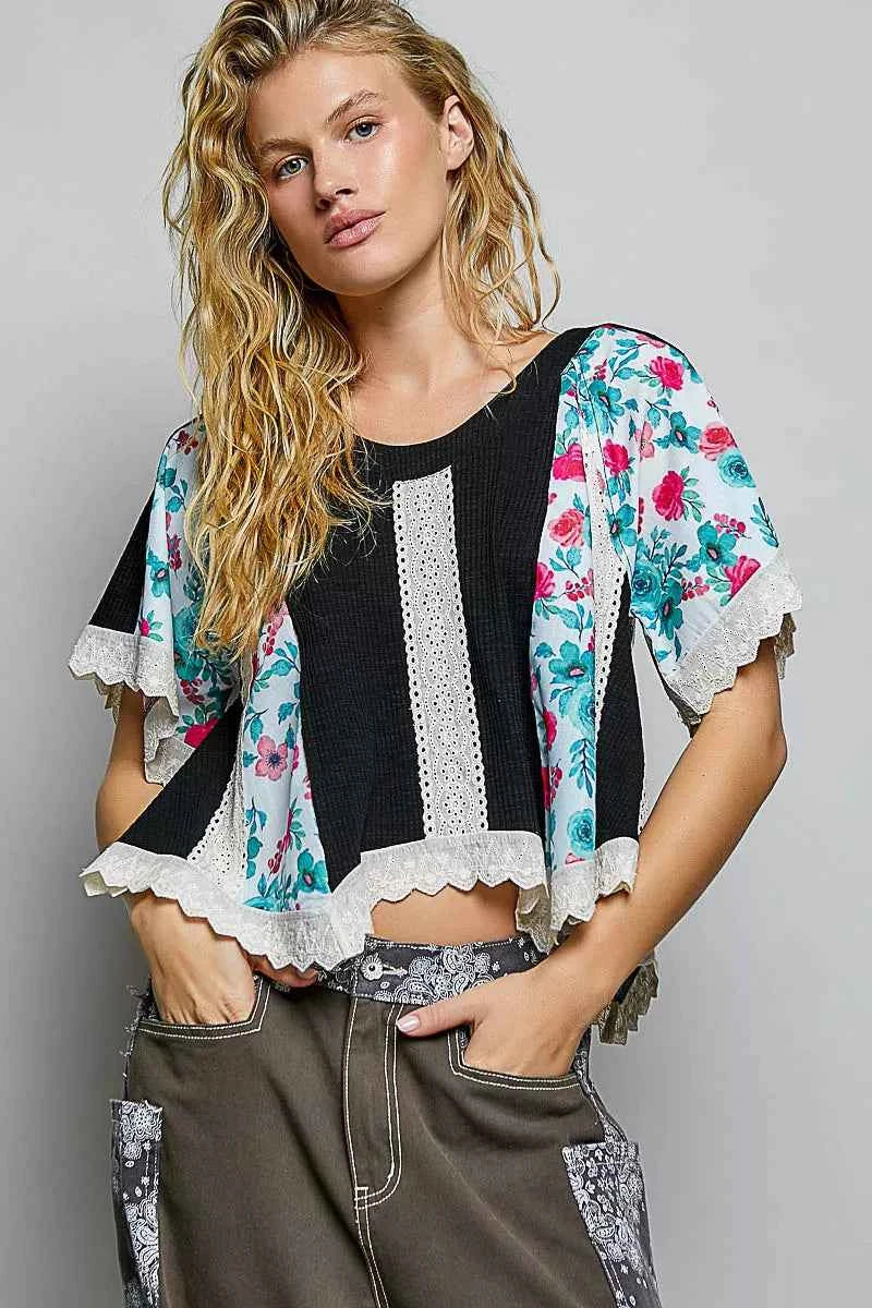 POL Round Neck Ribbed Cropped Top with Lace Detail