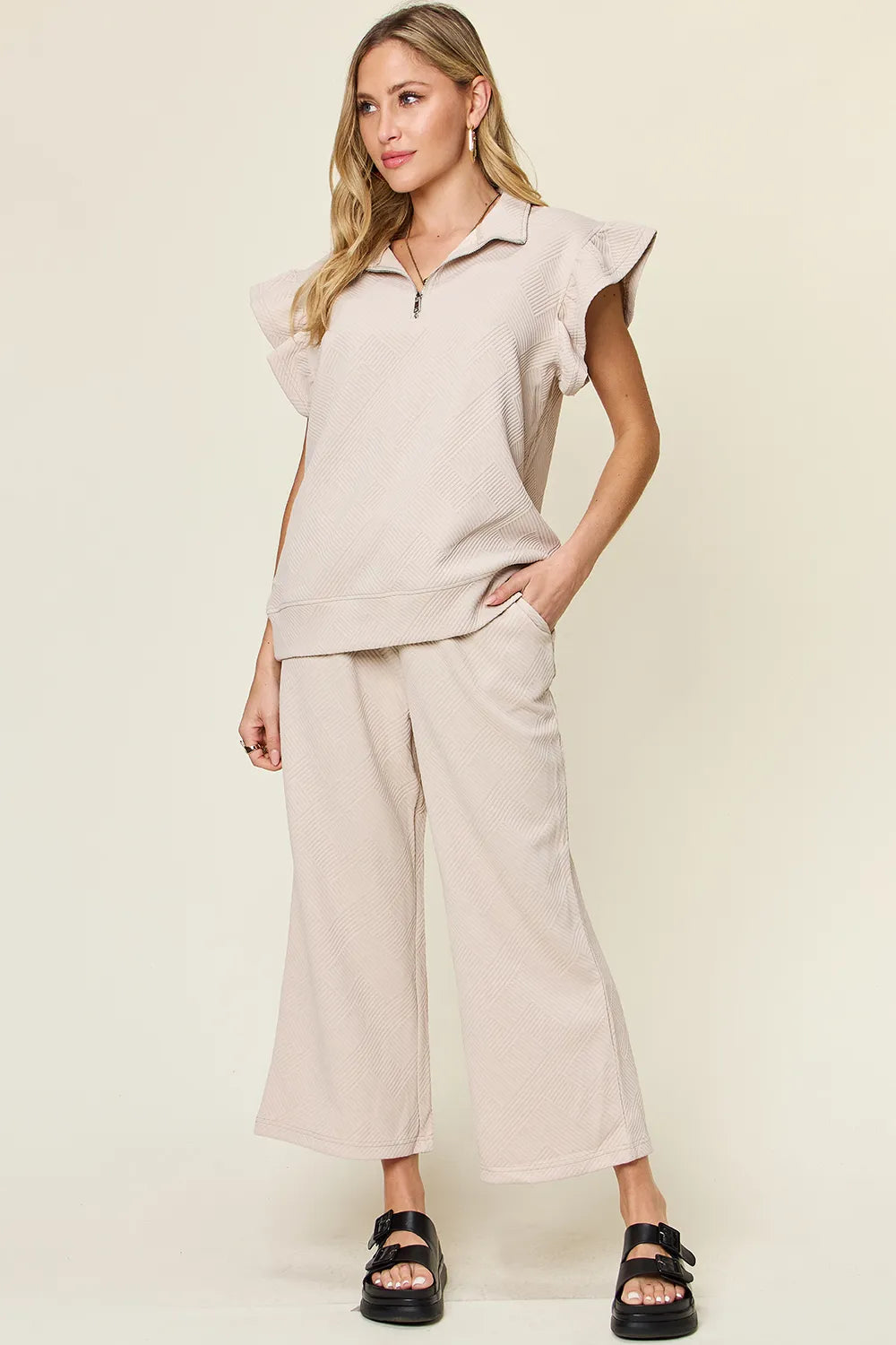 Texture Ruffle Top and Wide Leg Pants Set - Double Take