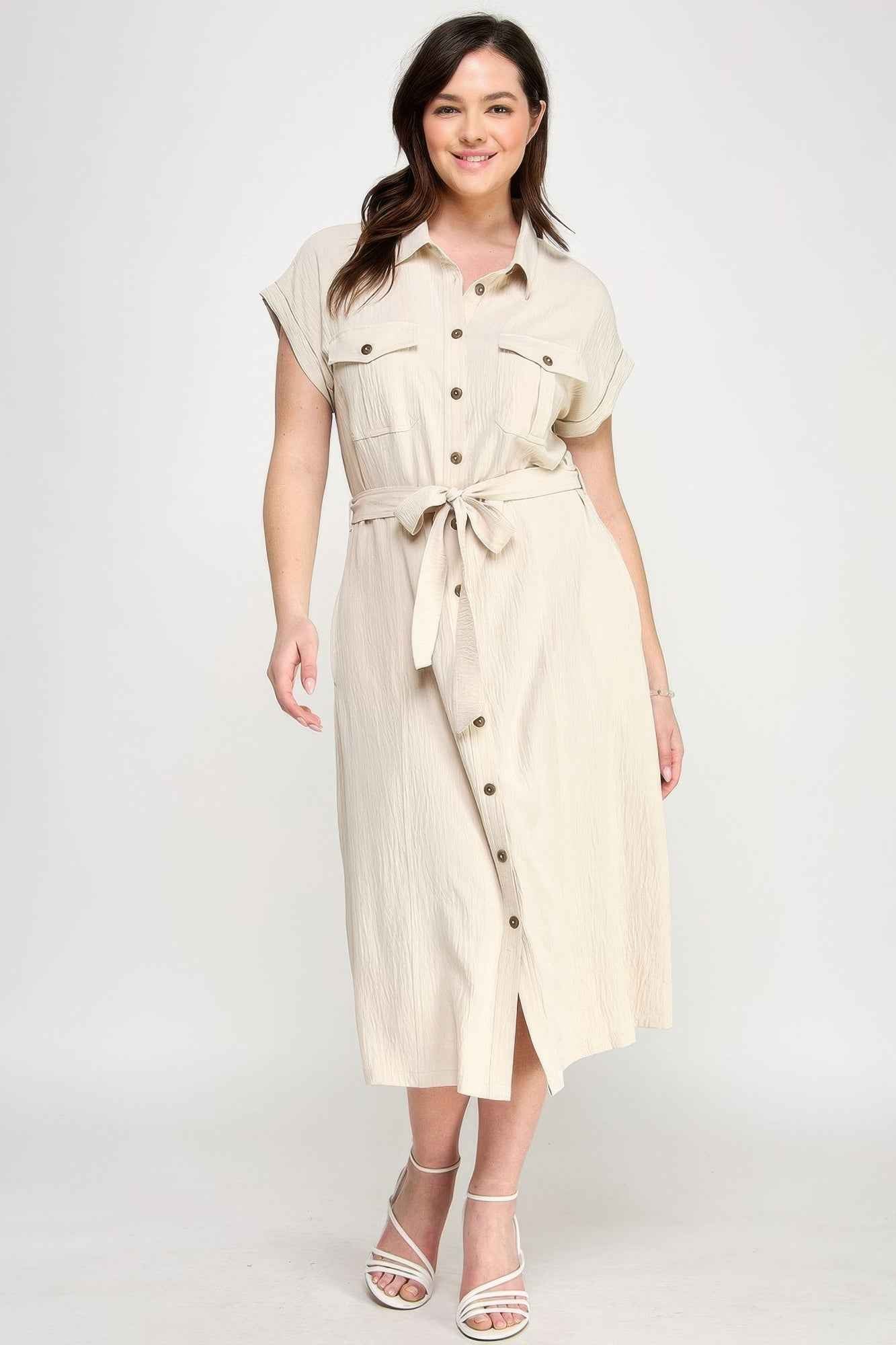 Front Tied Buttoned Short Sleeve Dress