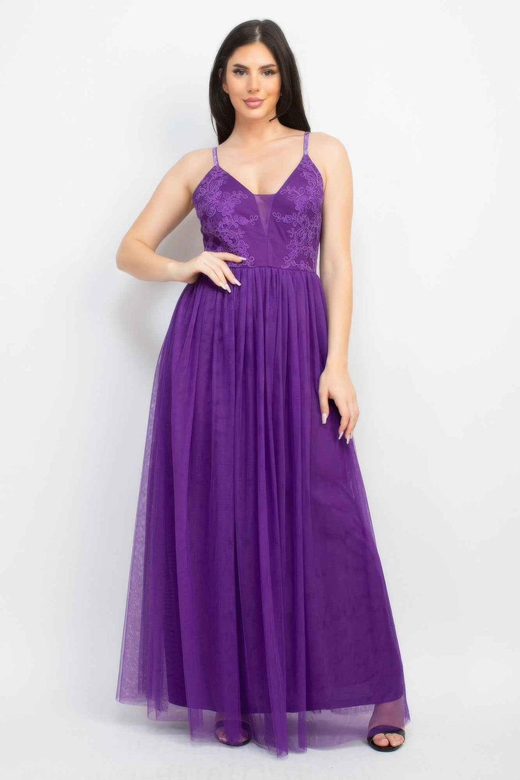 Glittered Straps Mesh Tulle Maxi Dress