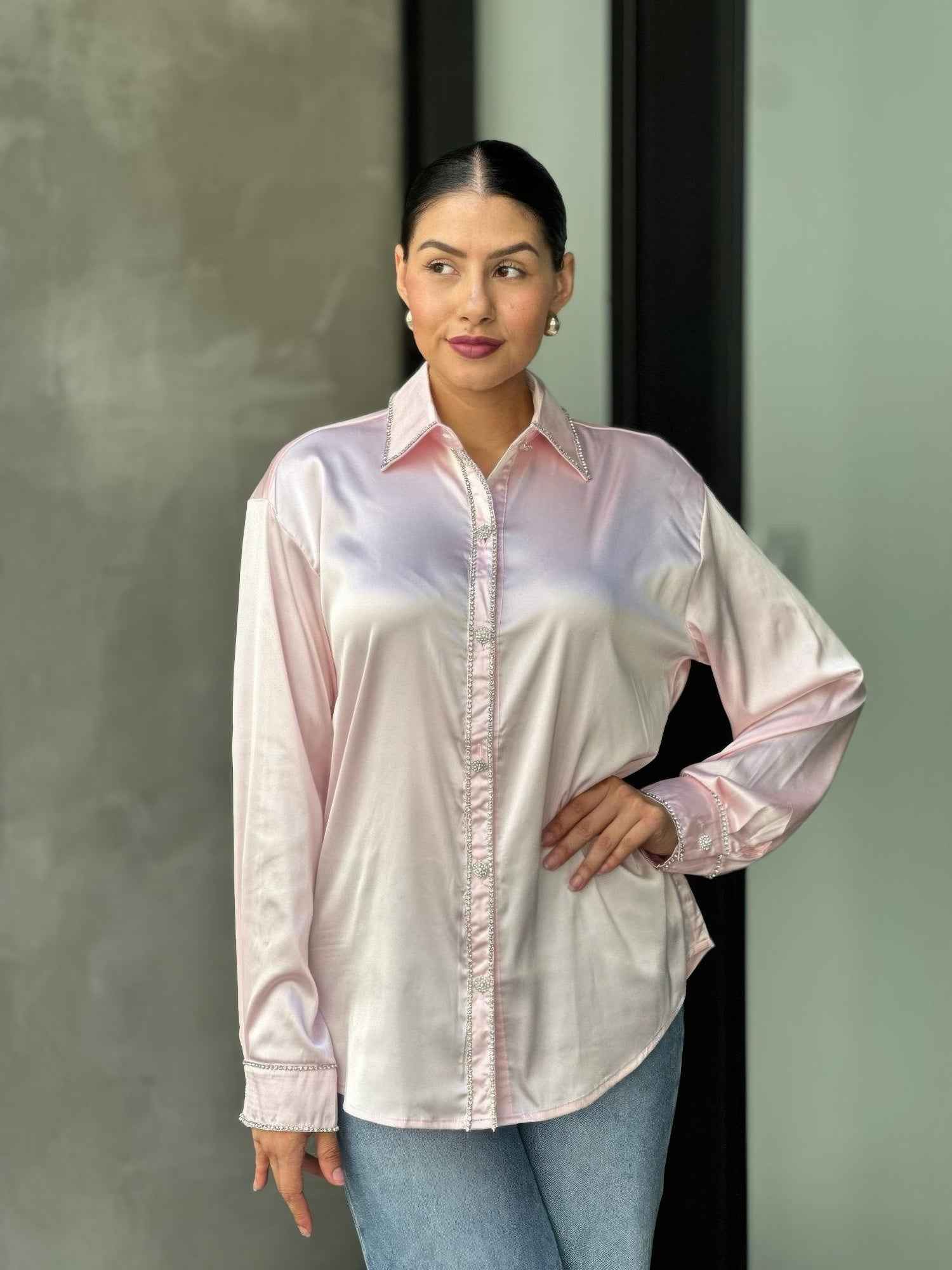 Rhinestone Diamond Lined Button Down Satin Blouse