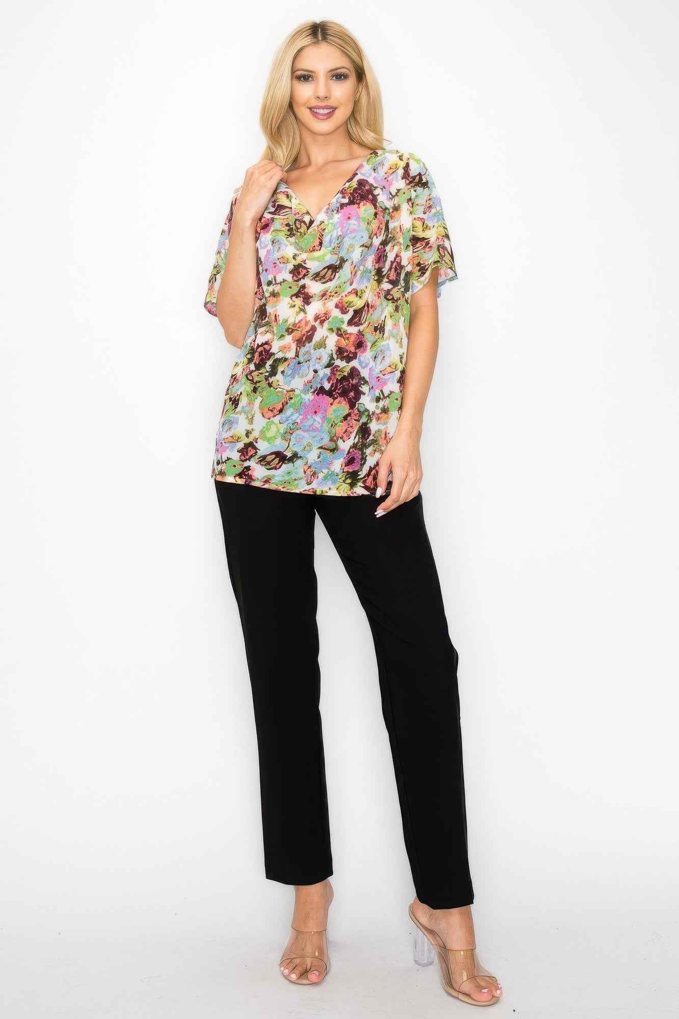 Sheer Neon Floral Cowl Neck Whimsgoth Relaxed Top