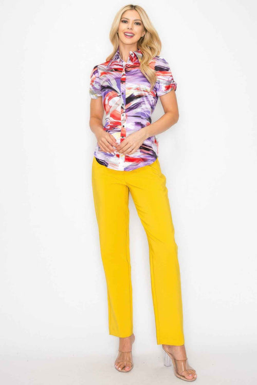 Belted Short Sleeve Snap Button Watercolor Blouse