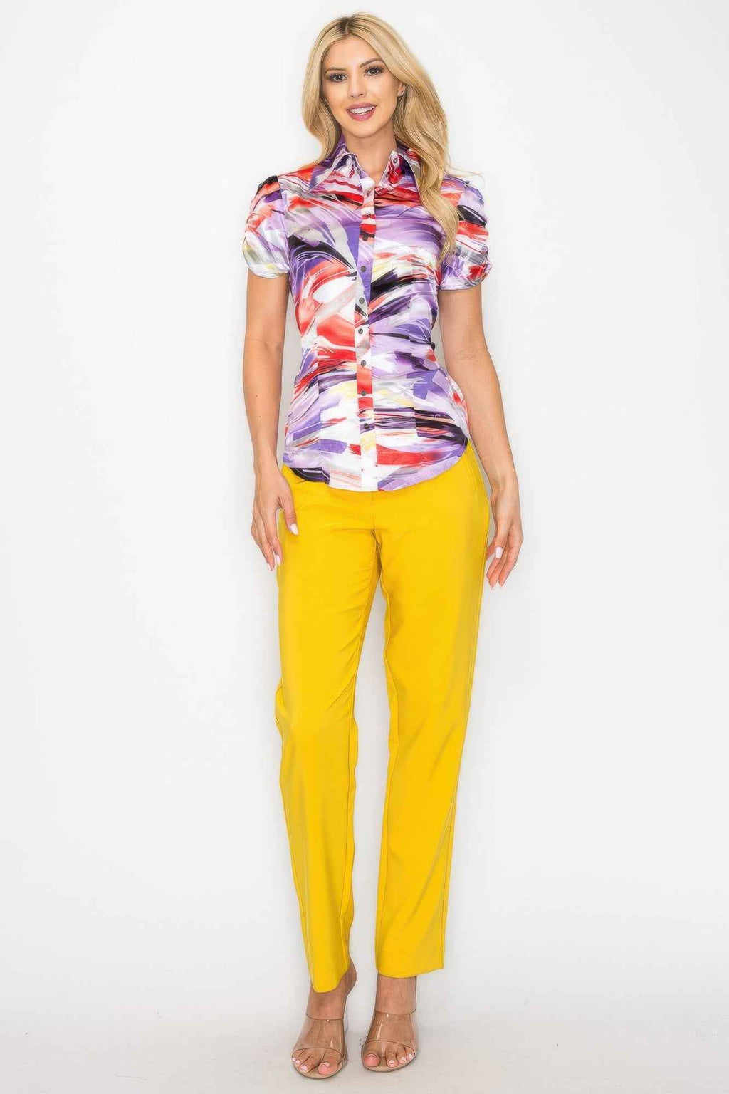 Belted Short Sleeve Snap Button Watercolor Blouse