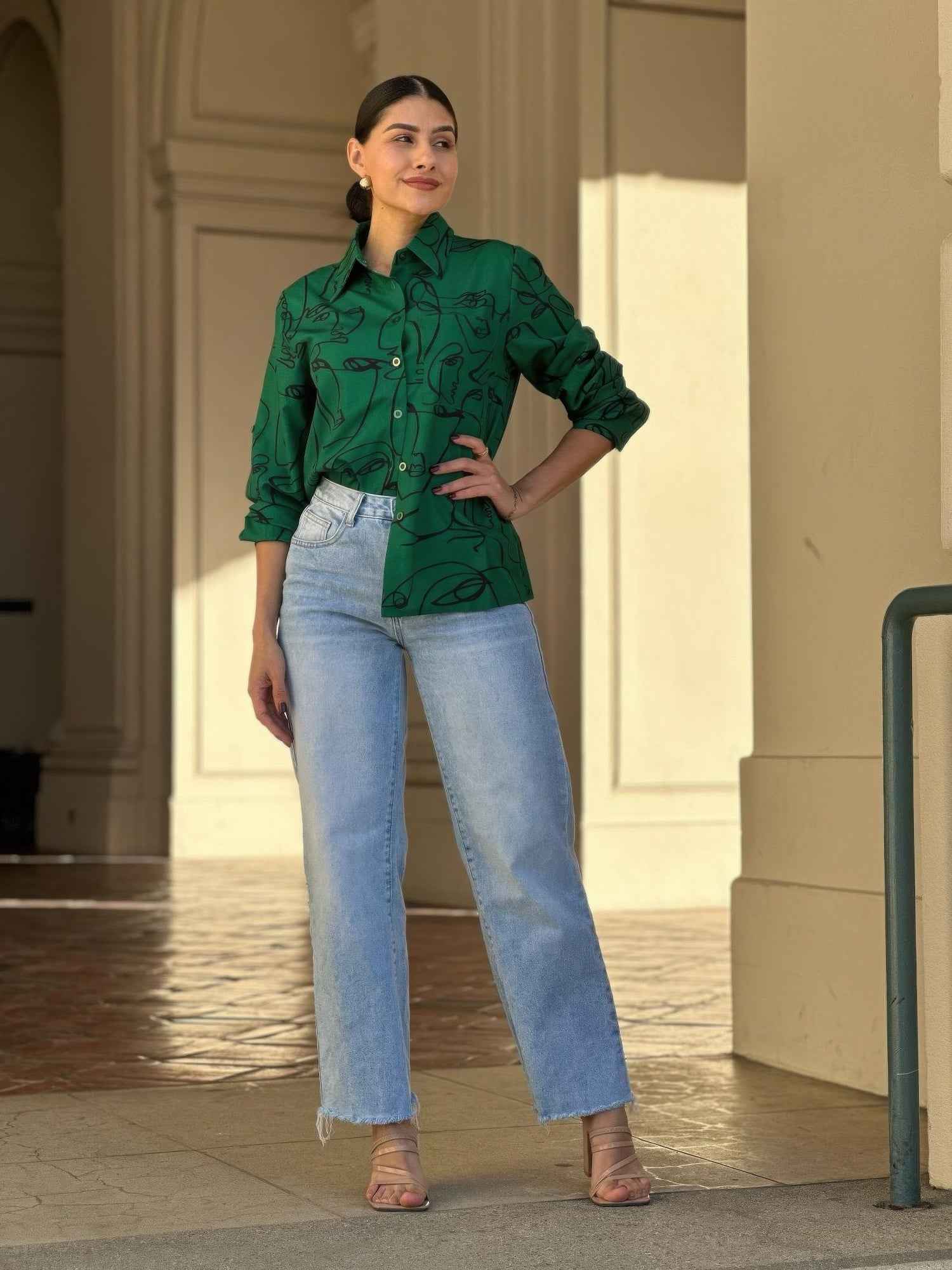 Face Print Long Sleeve Button Down Blouse