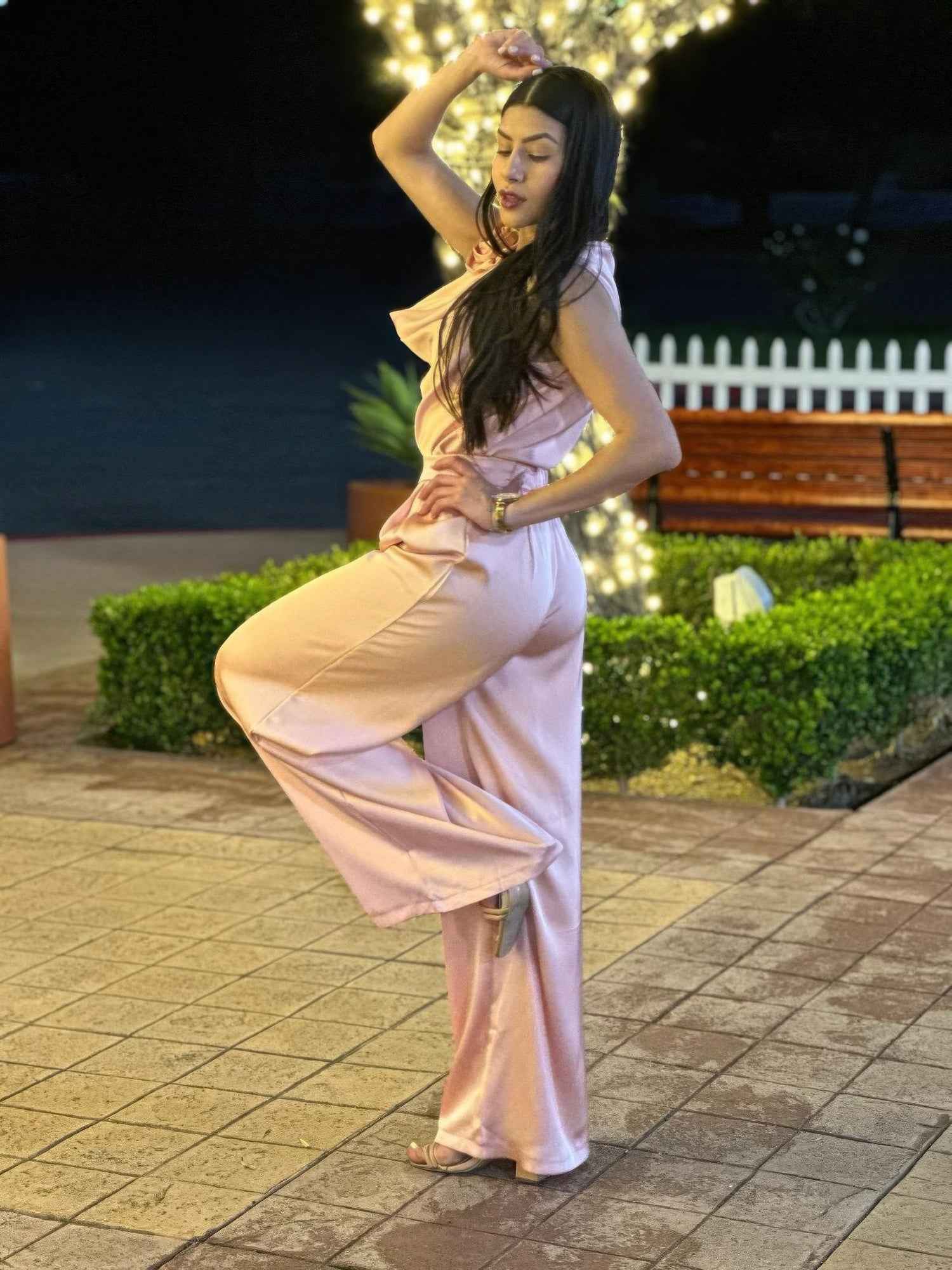 Satin Wide Leg Pants & Flower Sleeveless Top Set