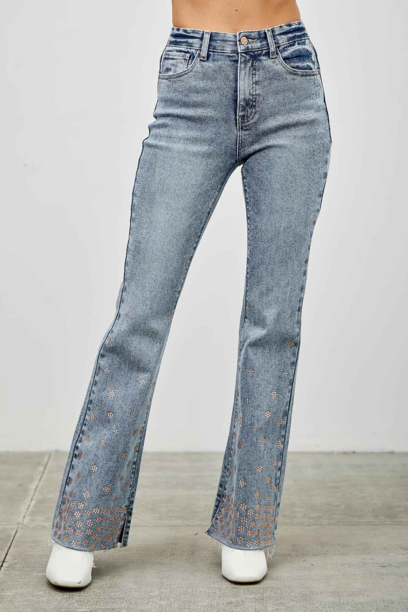 High Rise Kick Flare With Rhinestone