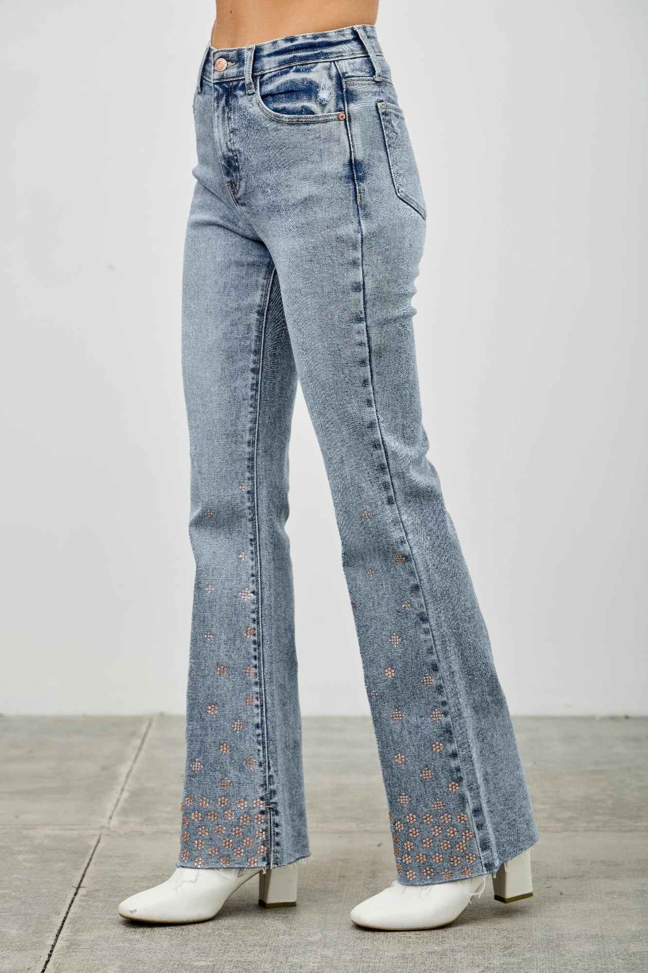 High Rise Kick Flare With Rhinestone