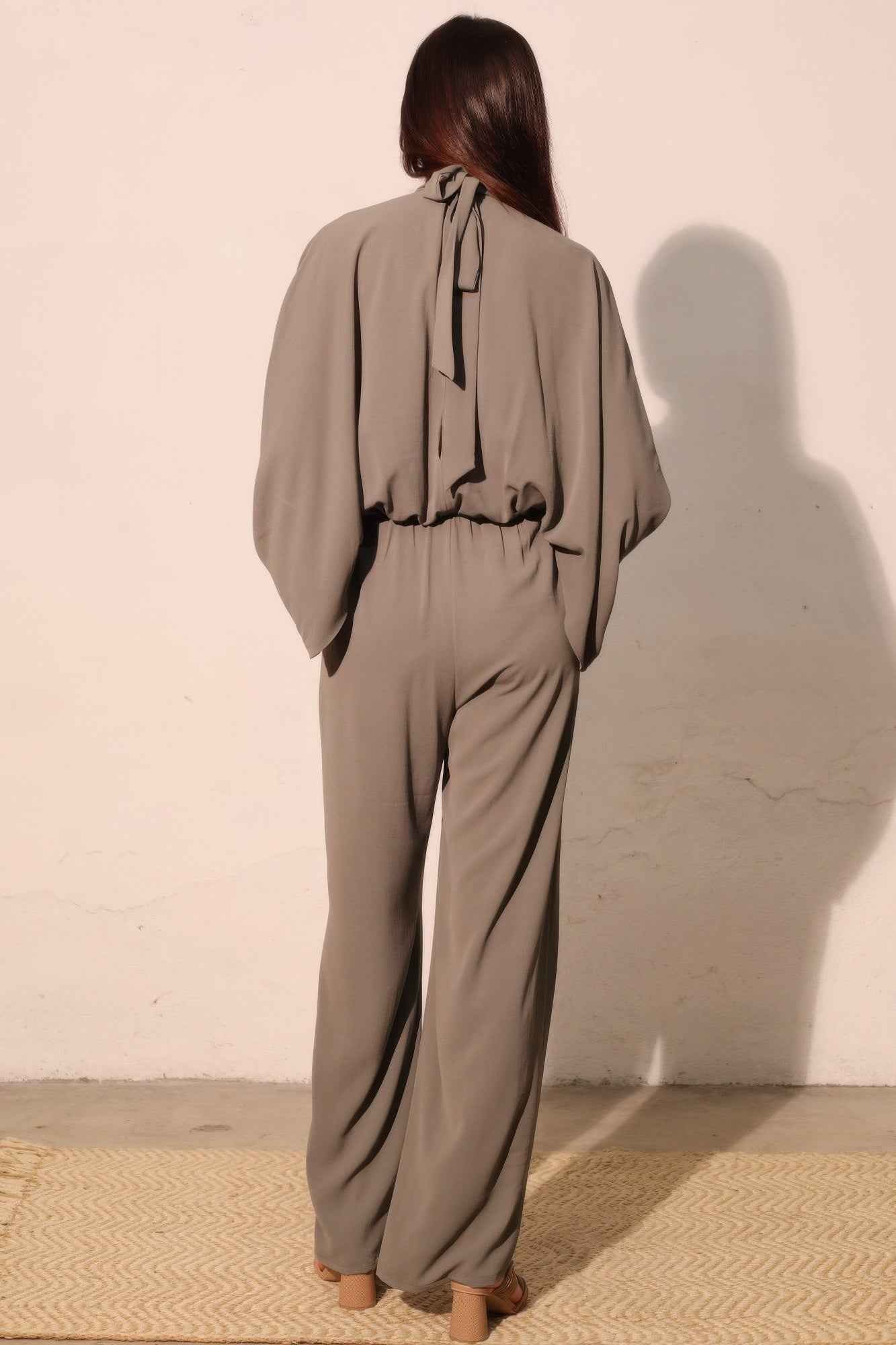 Textured Solid Mock Neck Caftan Jumpsuit