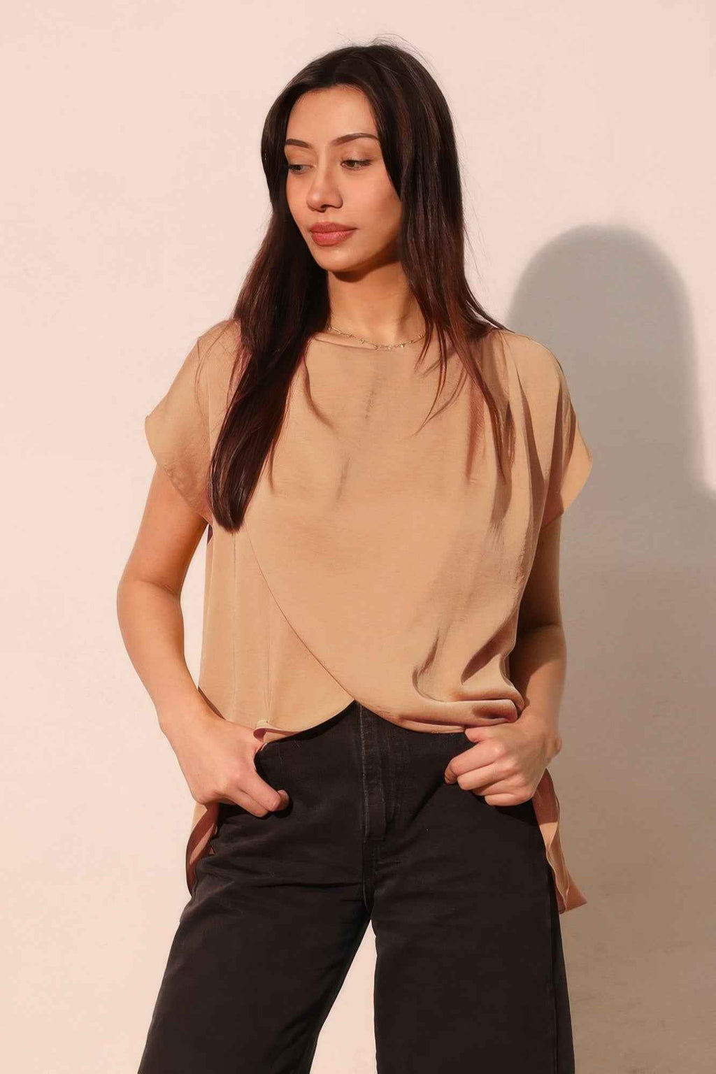 Washed Poly Silk Tulip Tunic Top