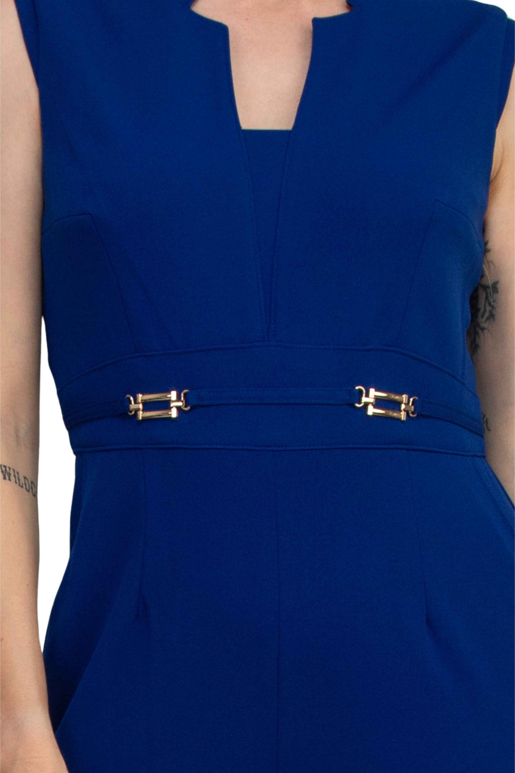 Tahari ASL Notch-Neck Sleeveless Crepe Flare Leg Back Zipper Jumpsuit