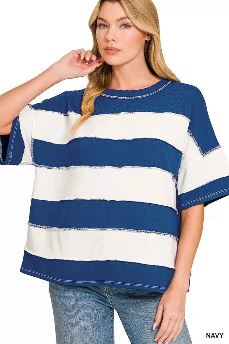 French Terry Striped Exposed Seam Top front view