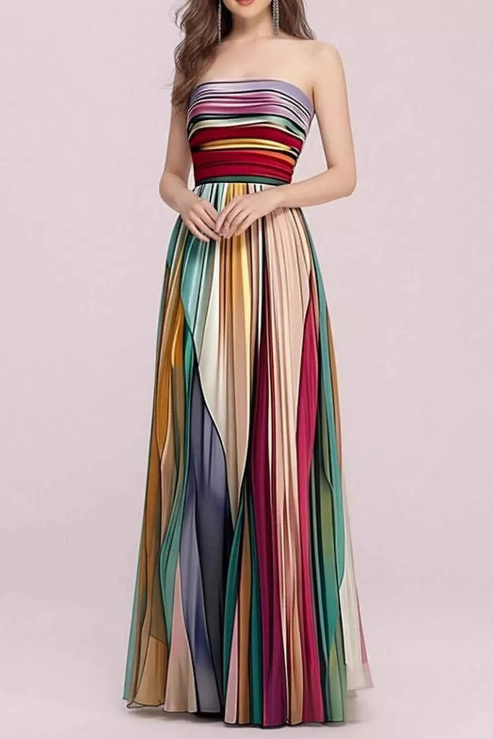 Striped Pleated Strapless Maxi Dress