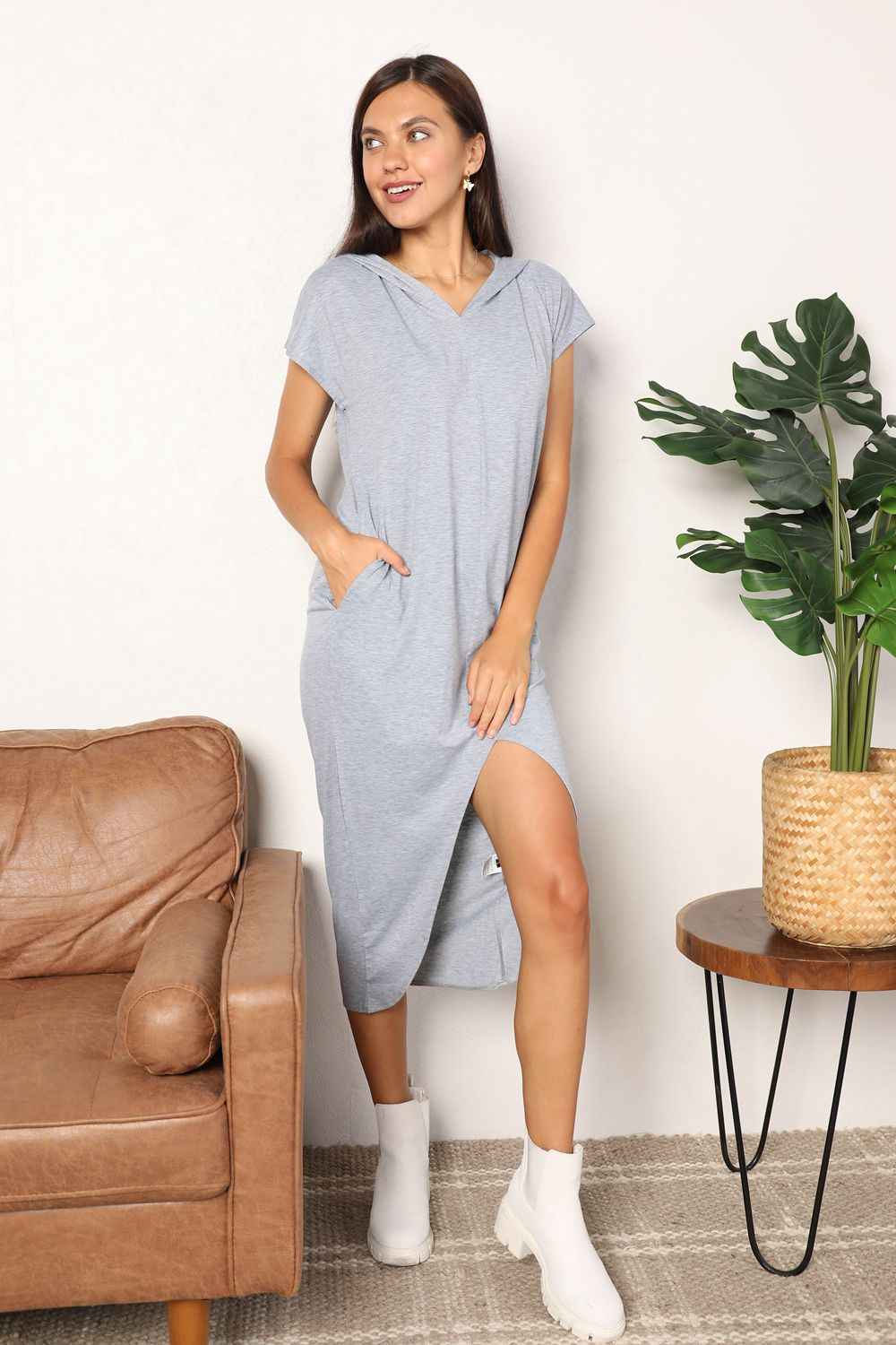 Short Sleeve Front Slit Hooded Dress - Perfee