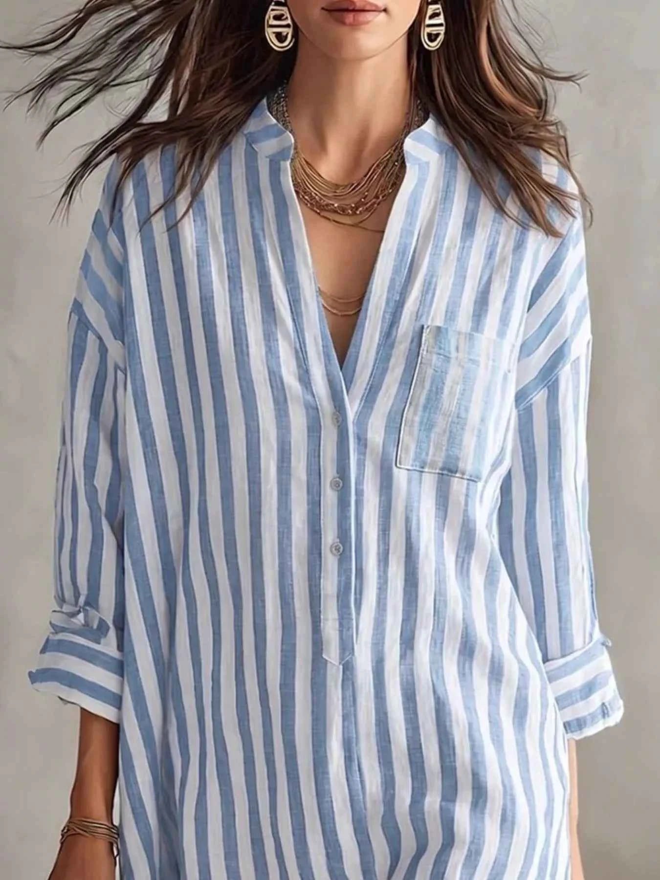 Full Size Striped 3/4 Sleeve Shirt Dress Plus Size