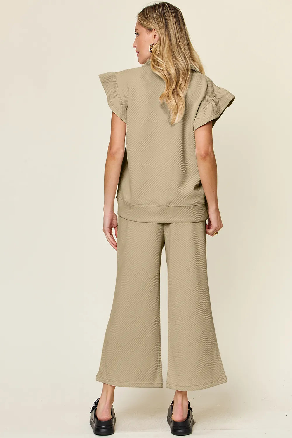Texture Ruffle Top and Wide Leg Pants Set - Double Take