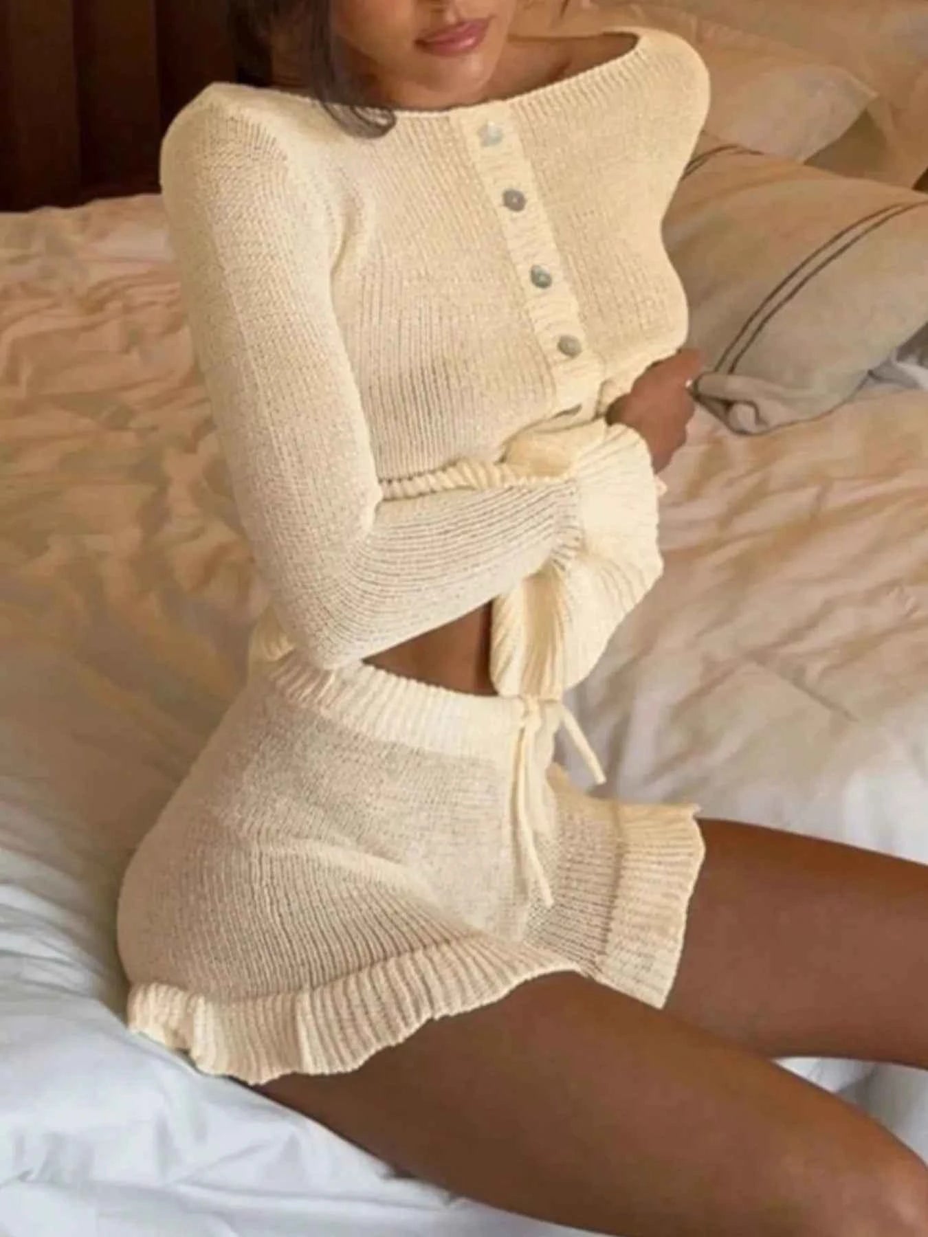 Button Up Cardigan and Shorts Sweater Set