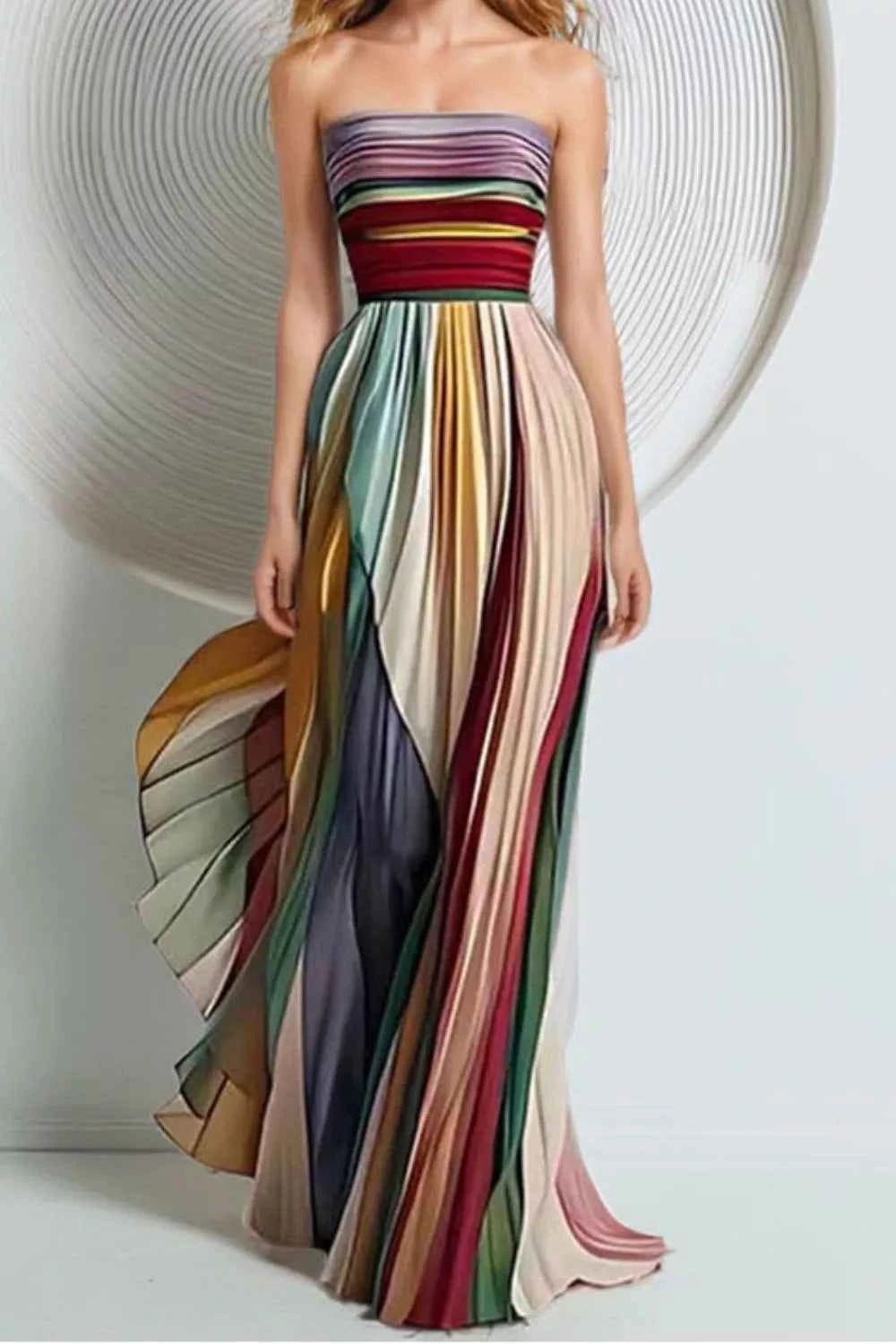 Striped Pleated Strapless Maxi Dress