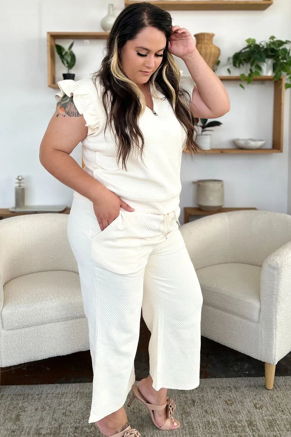 Texture Ruffle Top and Wide Leg Pants Set - Double Take