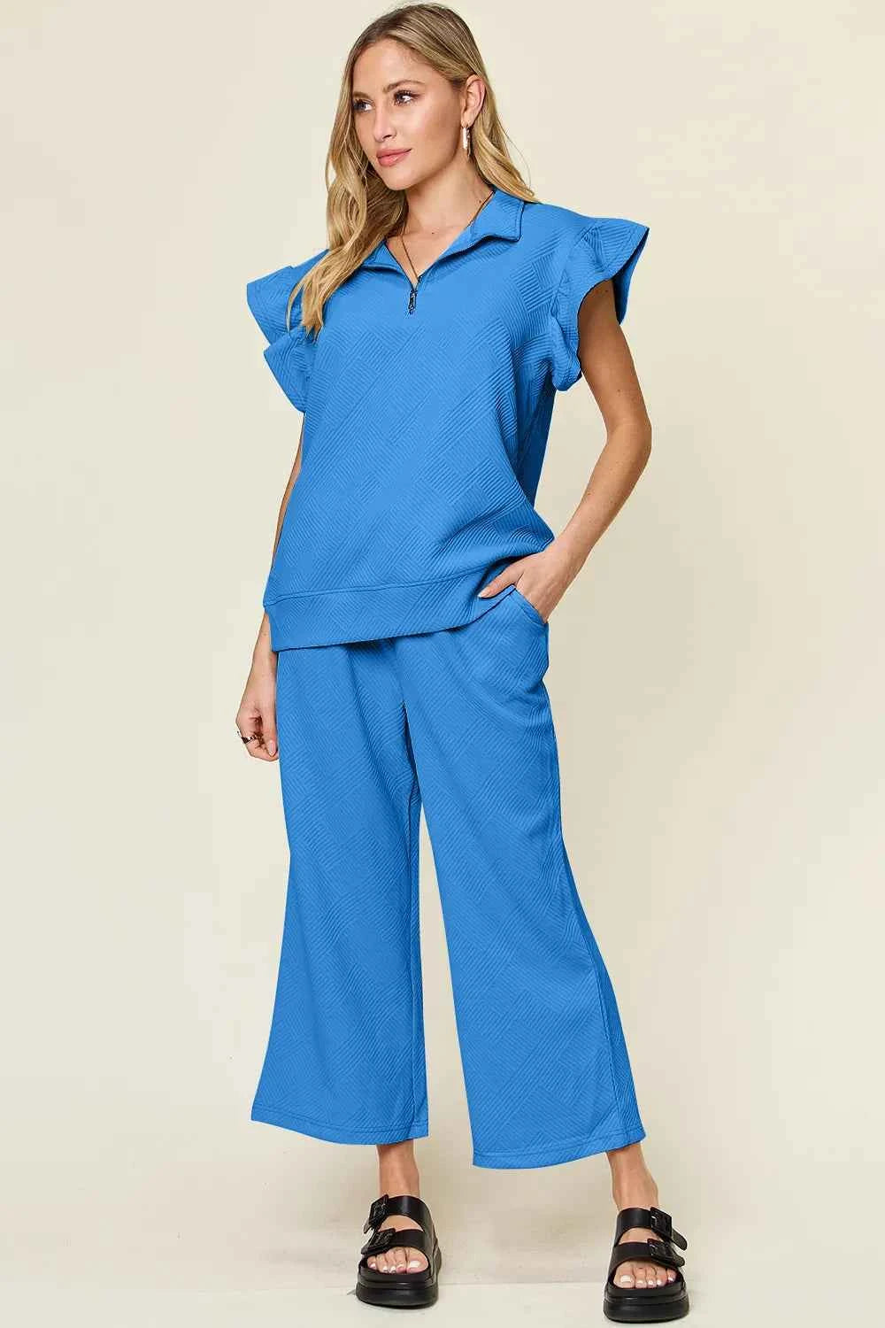 Texture Ruffle Top and Wide Leg Pants Set - Double Take