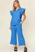 Texture Ruffle Top and Wide Leg Pants Set - Double Take