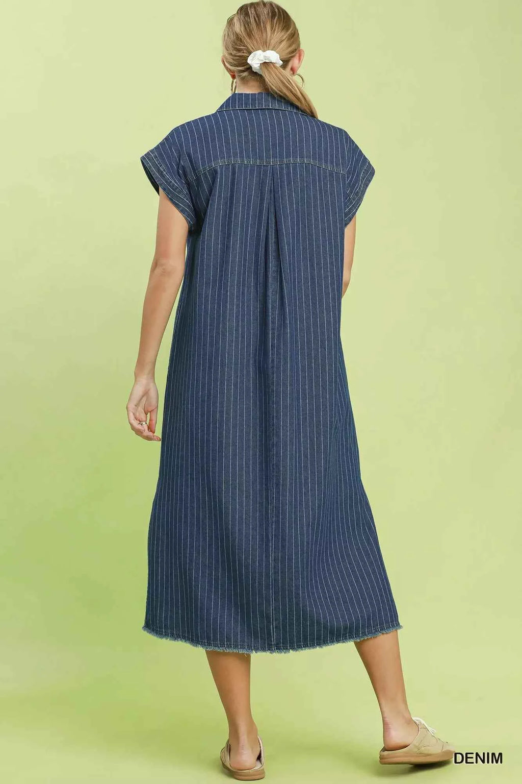 Umgee Pinstripe Denim Collared Midi Dress with Side Slits