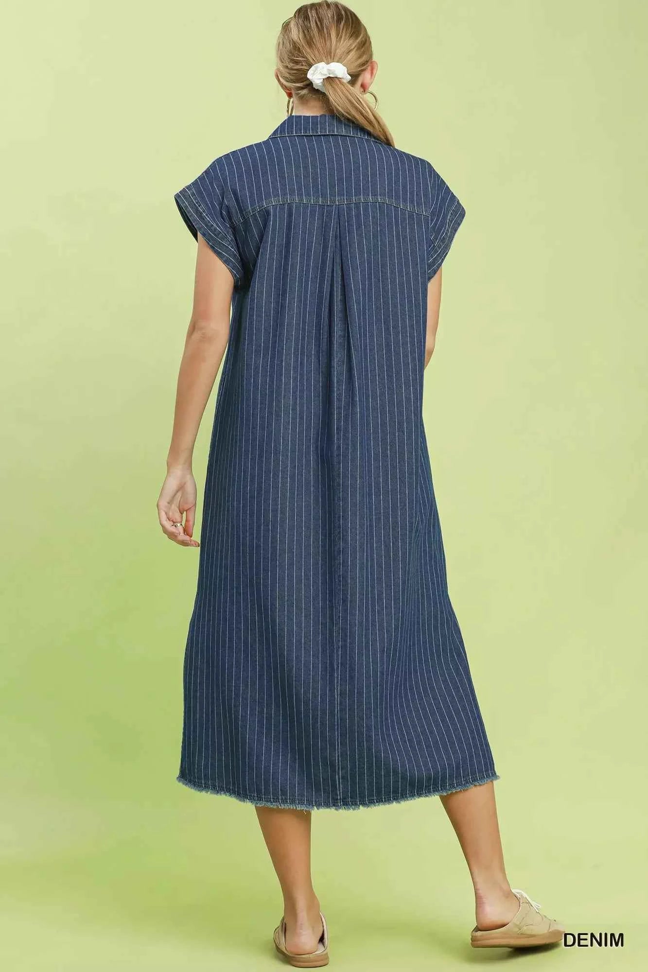 Umgee Pinstripe Denim Collared Midi Dress with Side Slits