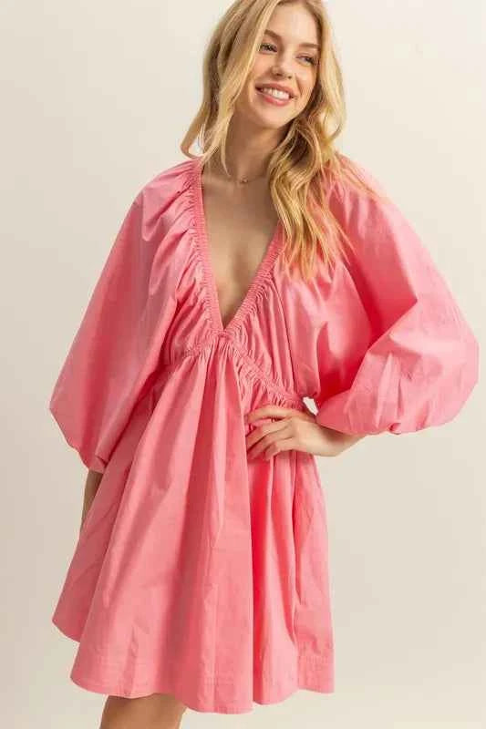 HYFVE Plunge Balloon Sleeve Poplin Mini Dress with Pockets