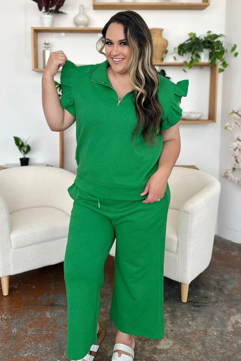 Texture Ruffle Top and Wide Leg Pants Set - Double Take