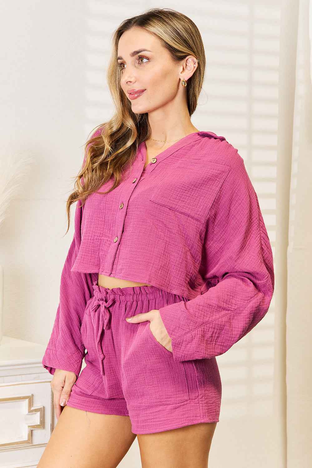 Basic Bae Buttoned Long Sleeve Top and Shorts Set - Liorienne