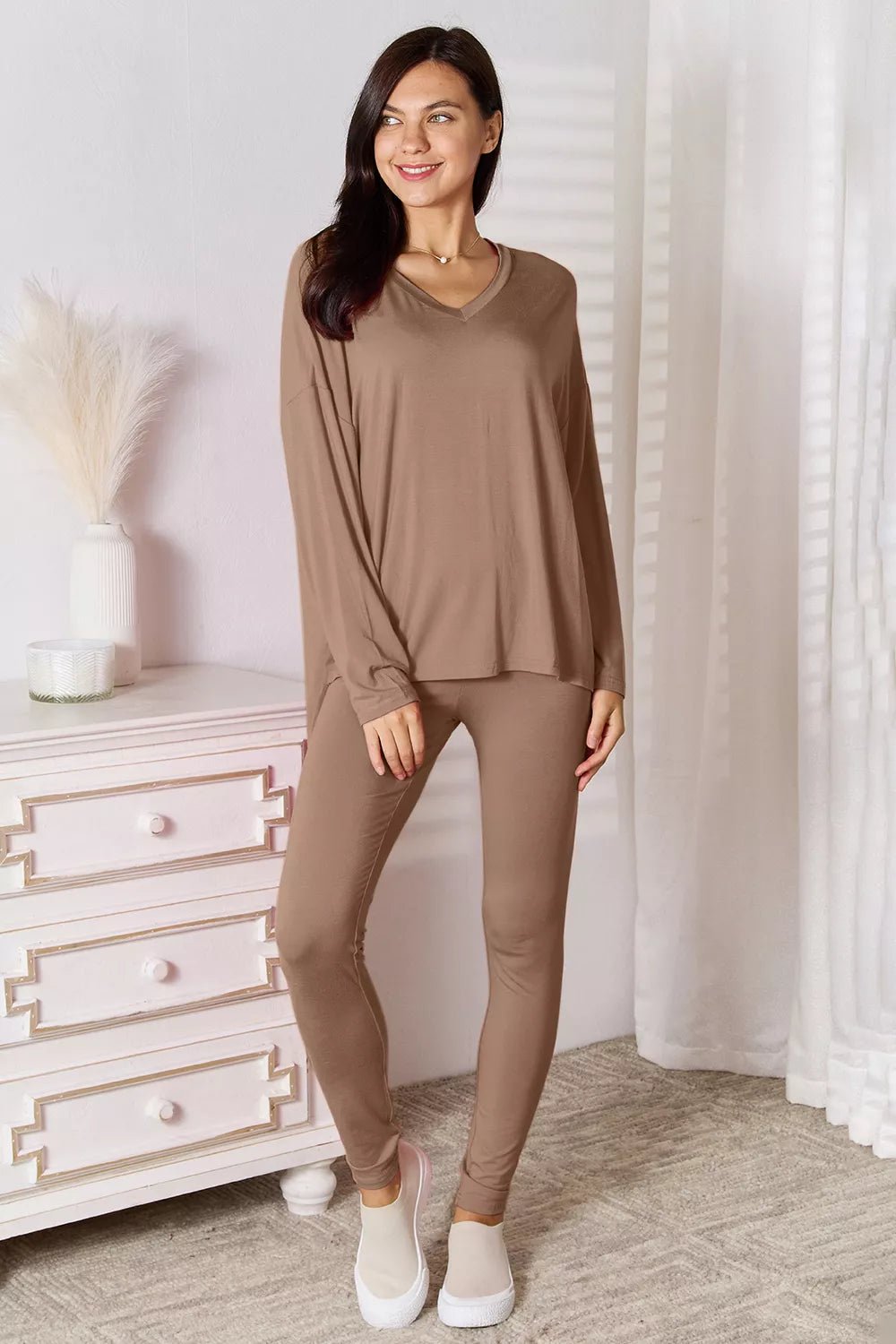 Basic Bae Full Size V-Neck Soft Rayon Long Sleeve Top and Pants Lounge Set - Liorienne