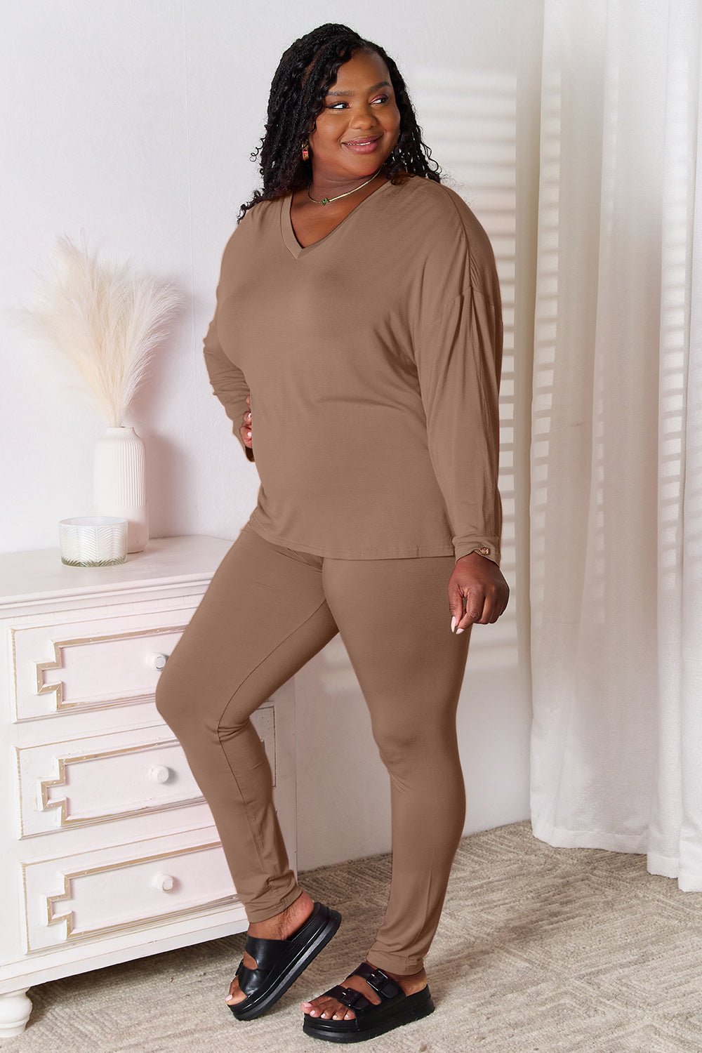 Basic Bae Full Size V-Neck Soft Rayon Long Sleeve Top and Pants Lounge Set - Liorienne