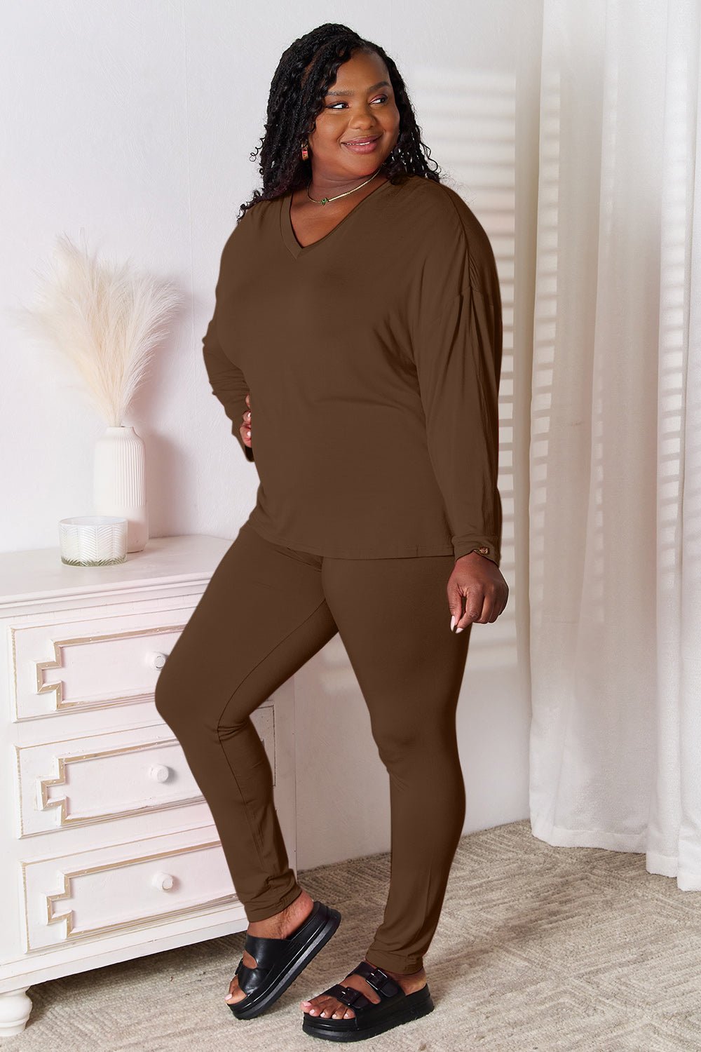 Basic Bae Full Size V-Neck Soft Rayon Long Sleeve Top and Pants Lounge Set - Liorienne