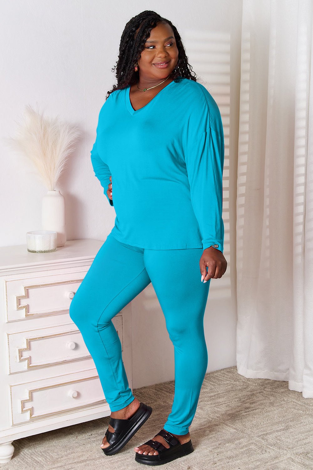 Basic Bae Full Size V-Neck Soft Rayon Long Sleeve Top and Pants Lounge Set - Liorienne
