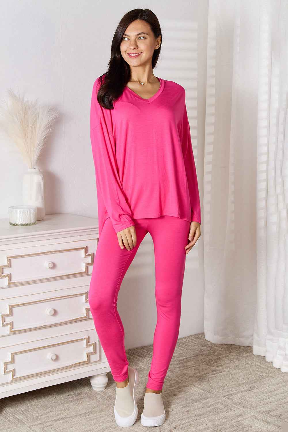 Basic Bae Full Size V-Neck Soft Rayon Long Sleeve Top and Pants Lounge Set - Liorienne