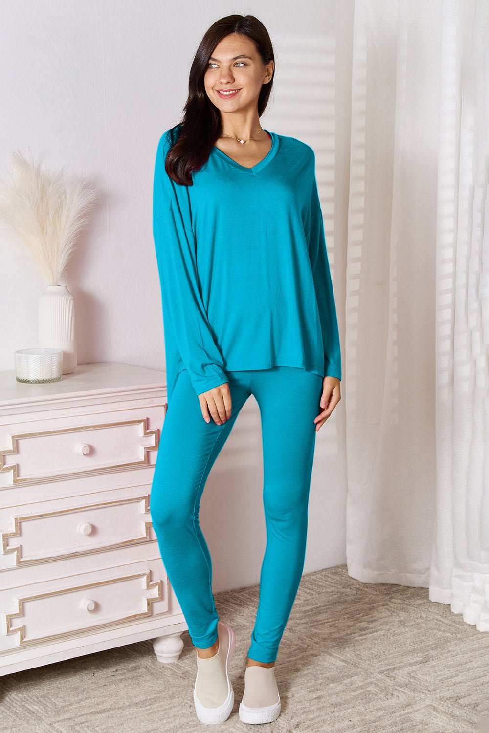 Basic Bae Full Size V-Neck Soft Rayon Long Sleeve Top and Pants Lounge Set - Liorienne