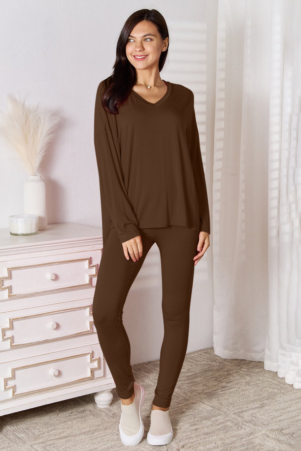 Basic Bae Full Size V-Neck Soft Rayon Long Sleeve Top and Pants Lounge Set - Liorienne