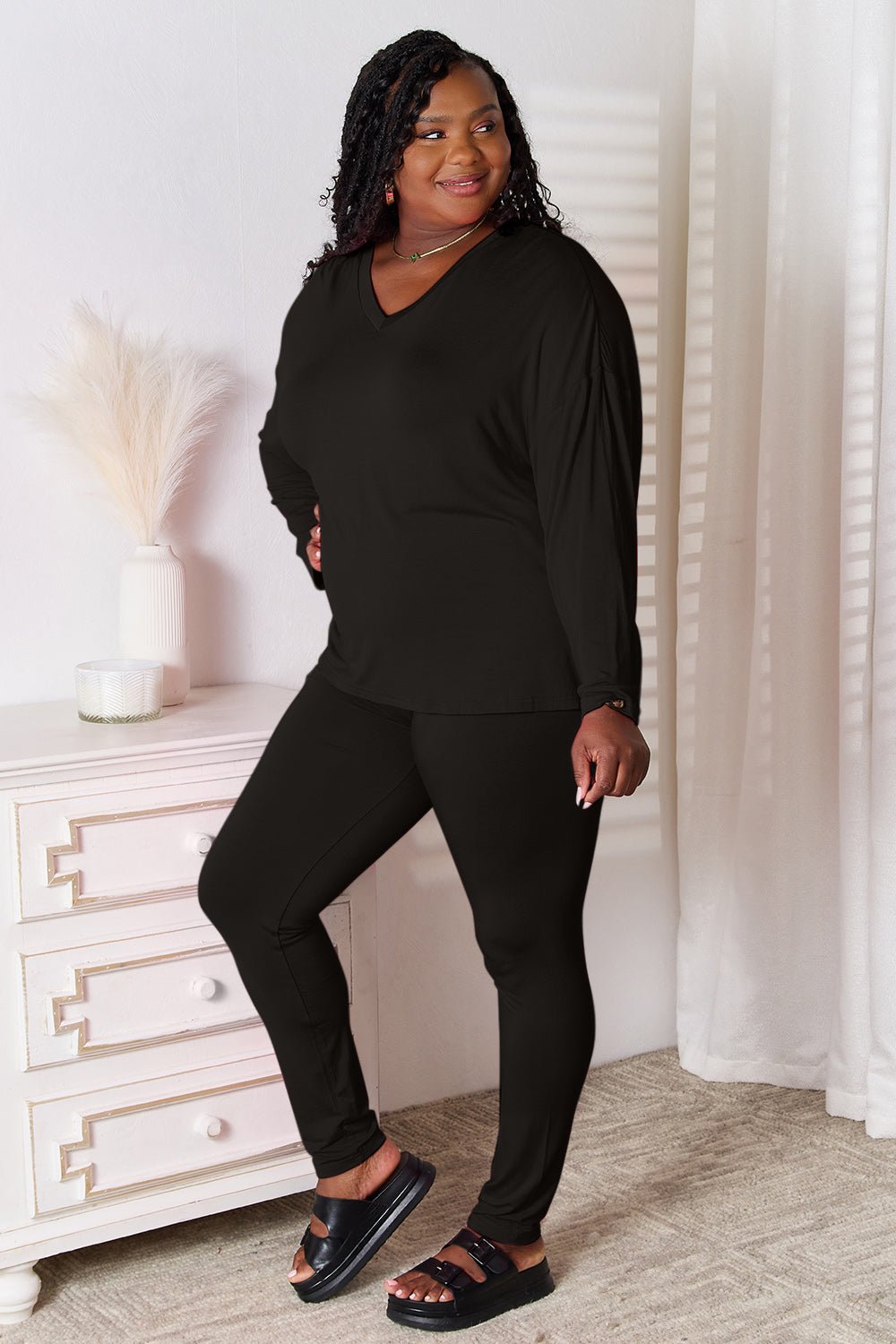 Basic Bae Full Size V-Neck Soft Rayon Long Sleeve Top and Pants Lounge Set - Liorienne