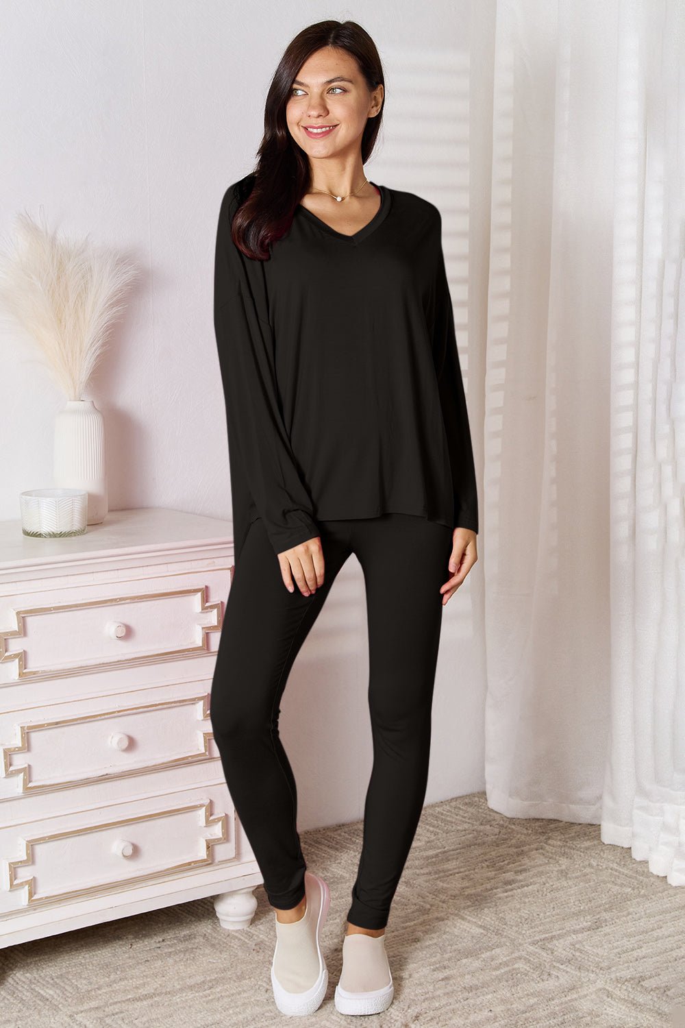 Basic Bae Full Size V-Neck Soft Rayon Long Sleeve Top and Pants Lounge Set - Liorienne