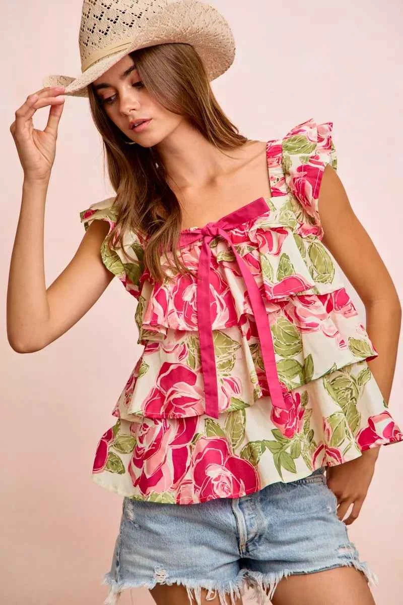 Floral Bow Tie Ruffle Square Neck Top - BiBi