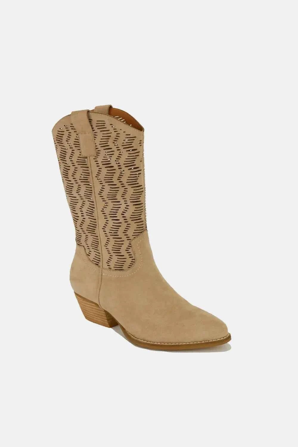 Beast Fashion Faux Suede Laser Cut Detail Block Heel Boots - Liorienne