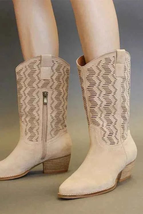 Beast Fashion Faux Suede Laser Cut Detail Block Heel Boots - Liorienne