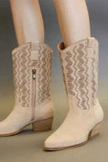 Beast Fashion Faux Suede Laser Cut Detail Block Heel Boots - Liorienne