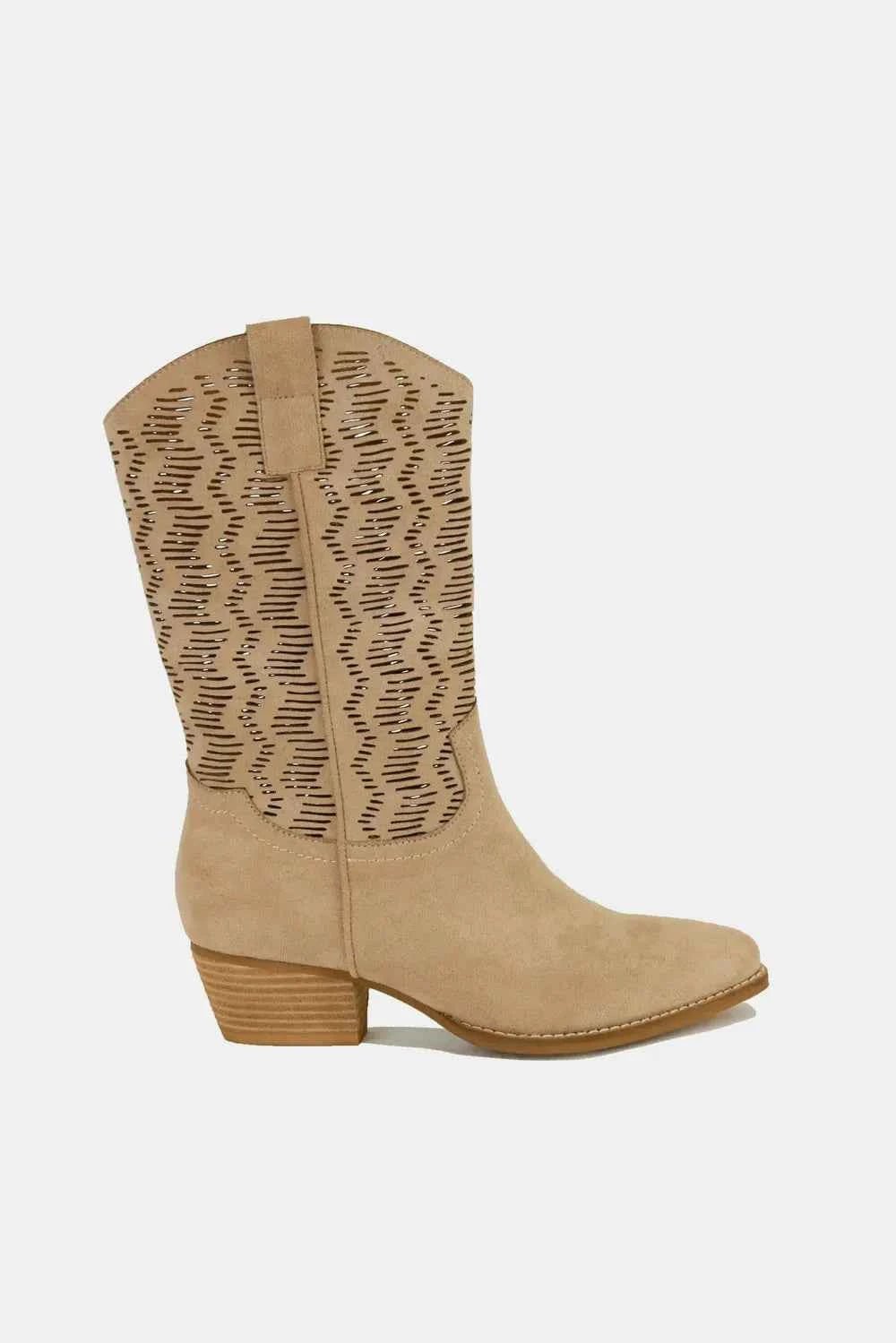 Beast Fashion Faux Suede Laser Cut Detail Block Heel Boots - Liorienne