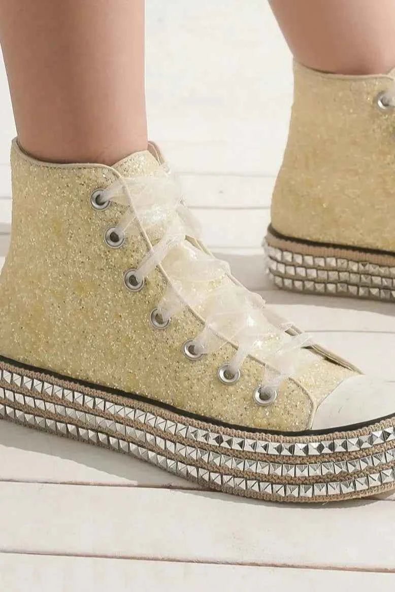 Beast Fashion Glitter Lace-Up Studded Platform Sneakers - Liorienne