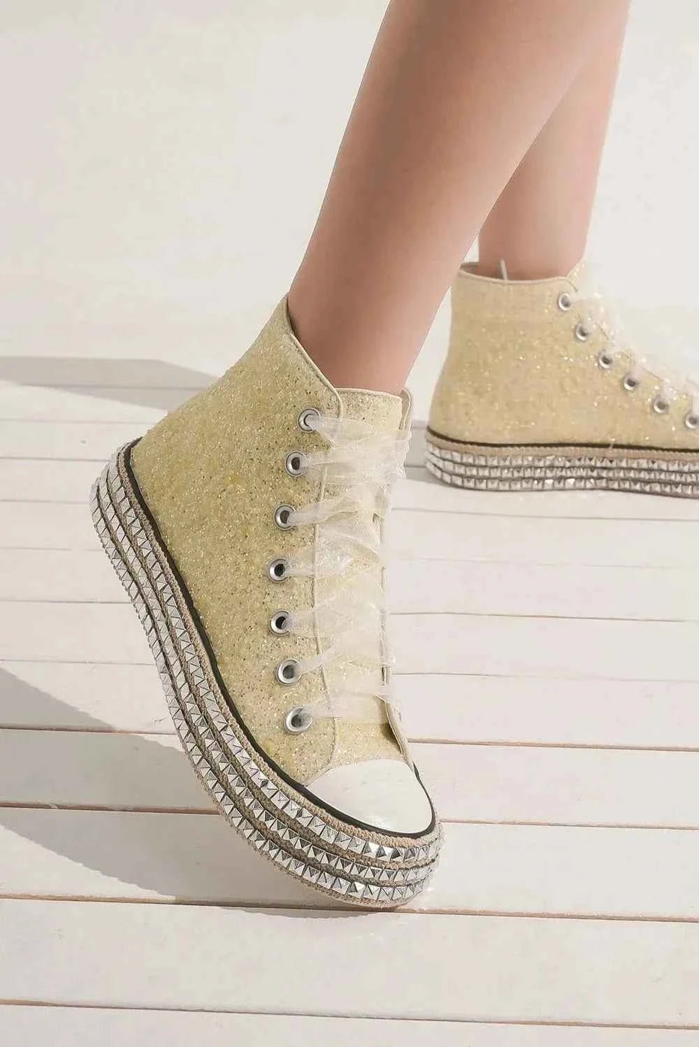 Beast Fashion Glitter Lace-Up Studded Platform Sneakers - Liorienne
