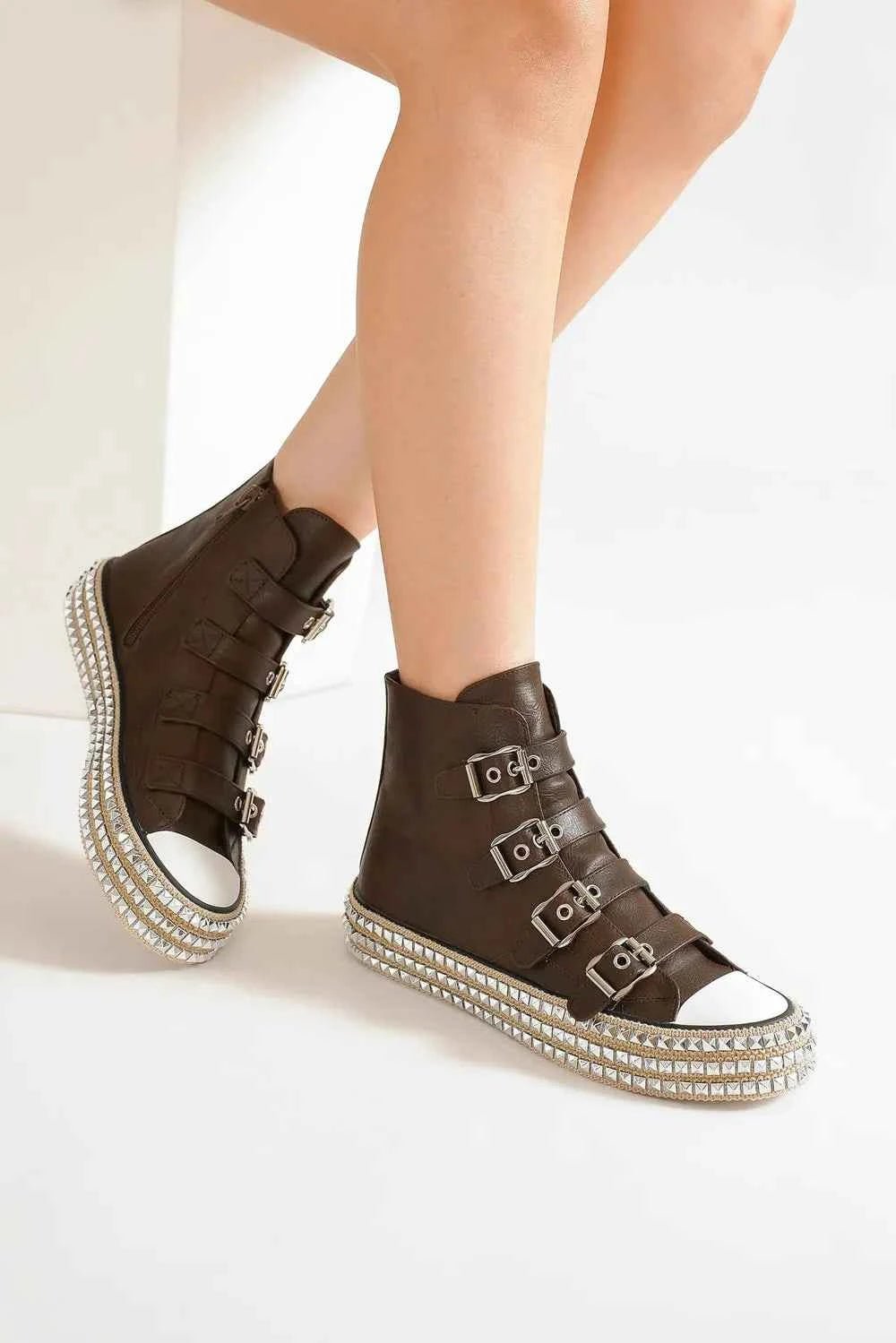 Beast Fashion Multi-Buckle Straps Studded Platform Sneakers - Liorienne